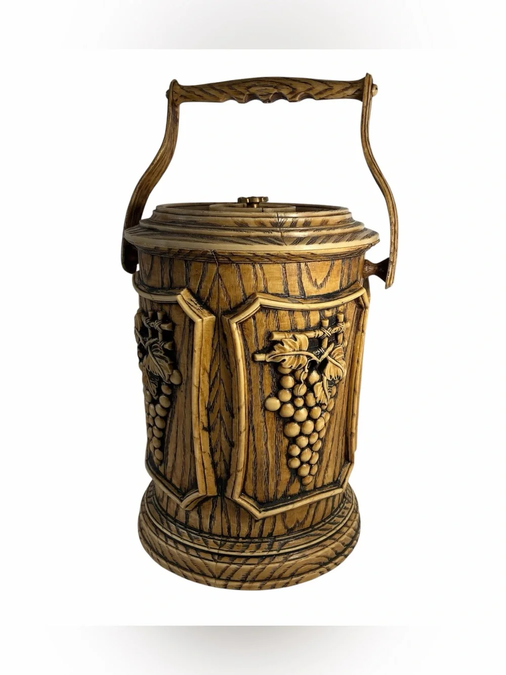 Mid Century Plastic Faux Wood Grain Cocktail Ice Bucket Brown Grapes MCM Retro